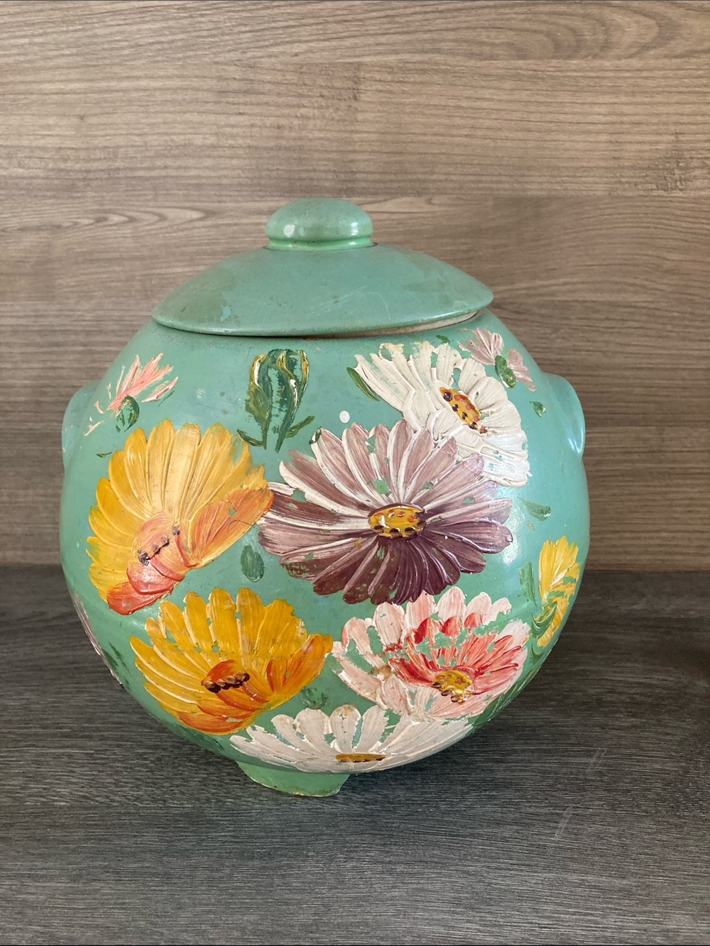 Vintage Green Floral Ransburg Pottery Hand painted Cookie Jar